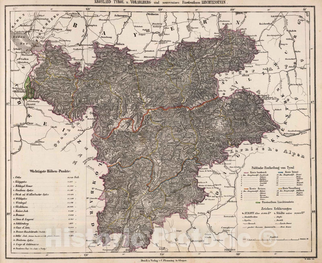 Historic Map : Austria; Liechtenstein, 1855 Tyrol, Vorarlberg, Liechtenstein. , Vintage Wall Art