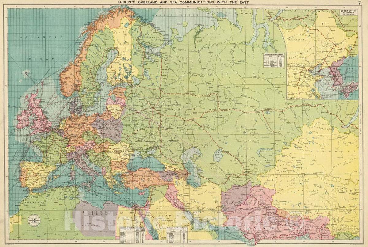 Historic Map : 1922 Europe's Overland, sea Communications. - Vintage Wall Art