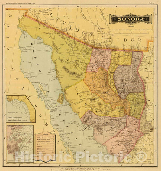 Historic Map : Mexico, 1886 Sonora. , Vintage Wall Art