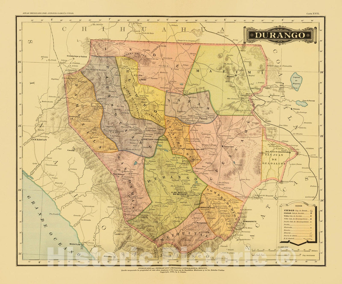 Historic Map : Mexico, 1886 Durango. , Vintage Wall Art