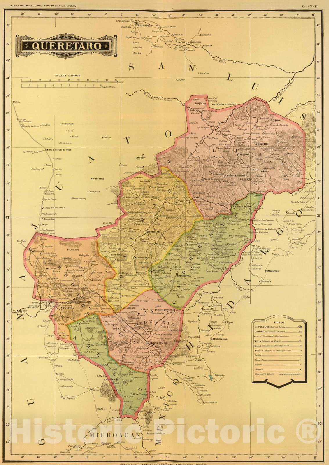 Historic Map : Mexico, 1886 Queretaro. , Vintage Wall Art