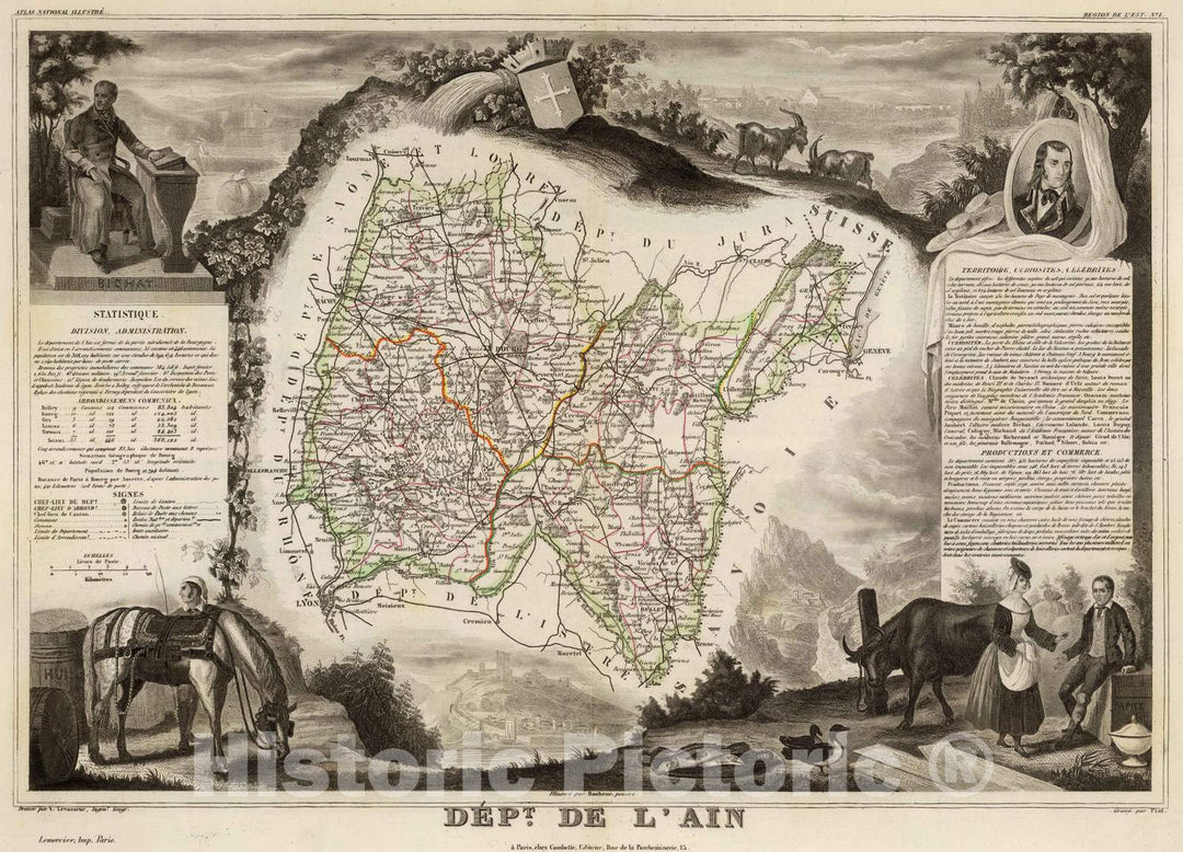 Historic Map : France, 1856 Dept. De L'Ain. , Vintage Wall Art