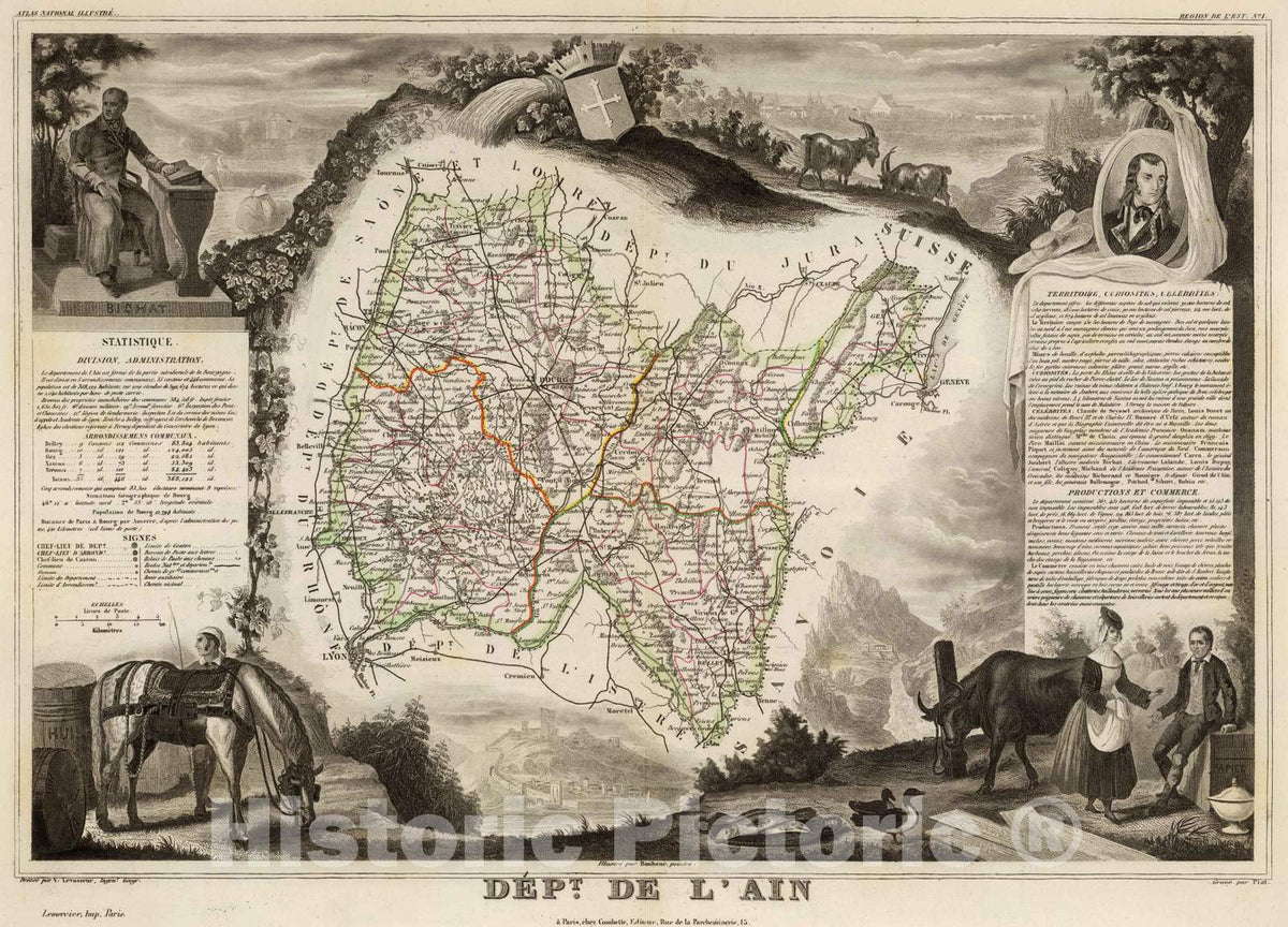 Historic Map : France, 1856 Dept. De L'Ain. , Vintage Wall Art