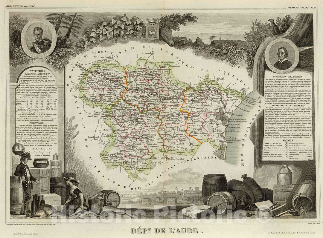 Historic Map : France, 1856 Dept. De L'Aude. , Vintage Wall Art