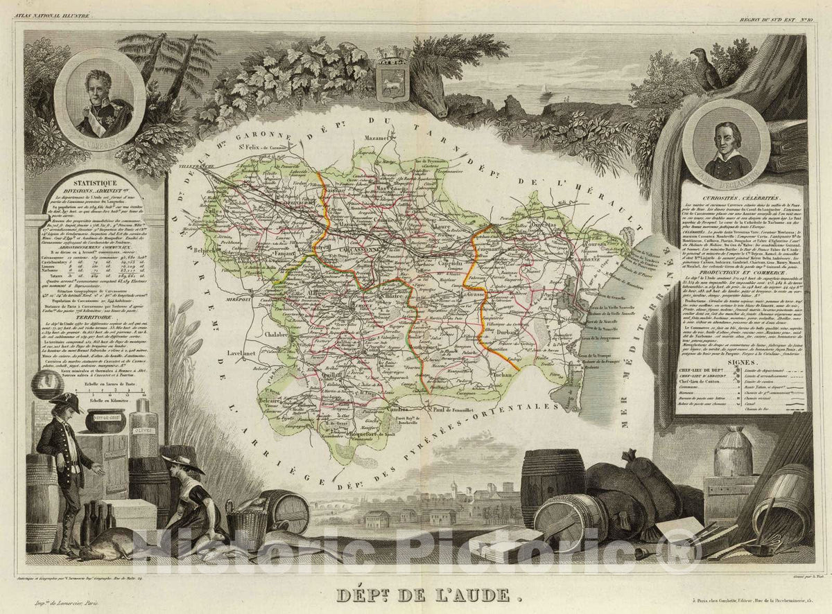 Historic Map : France, 1856 Dept. De L'Aude. , Vintage Wall Art