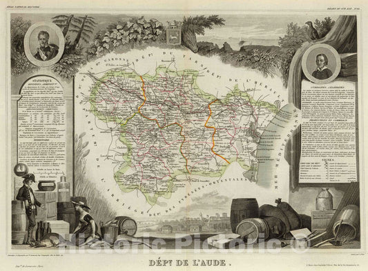 Historic Map : France, 1856 Dept. De L'Aude. , Vintage Wall Art
