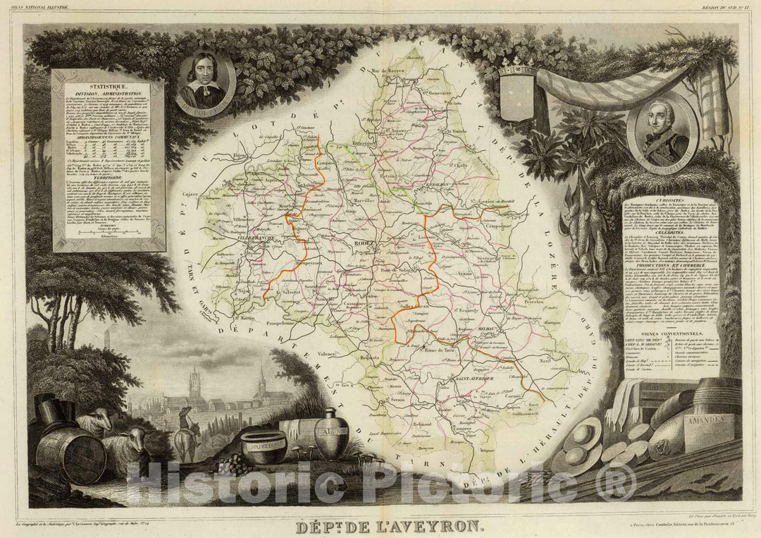Historic Map : France, 1856 Dept. De L'Aveyron. , Vintage Wall Art
