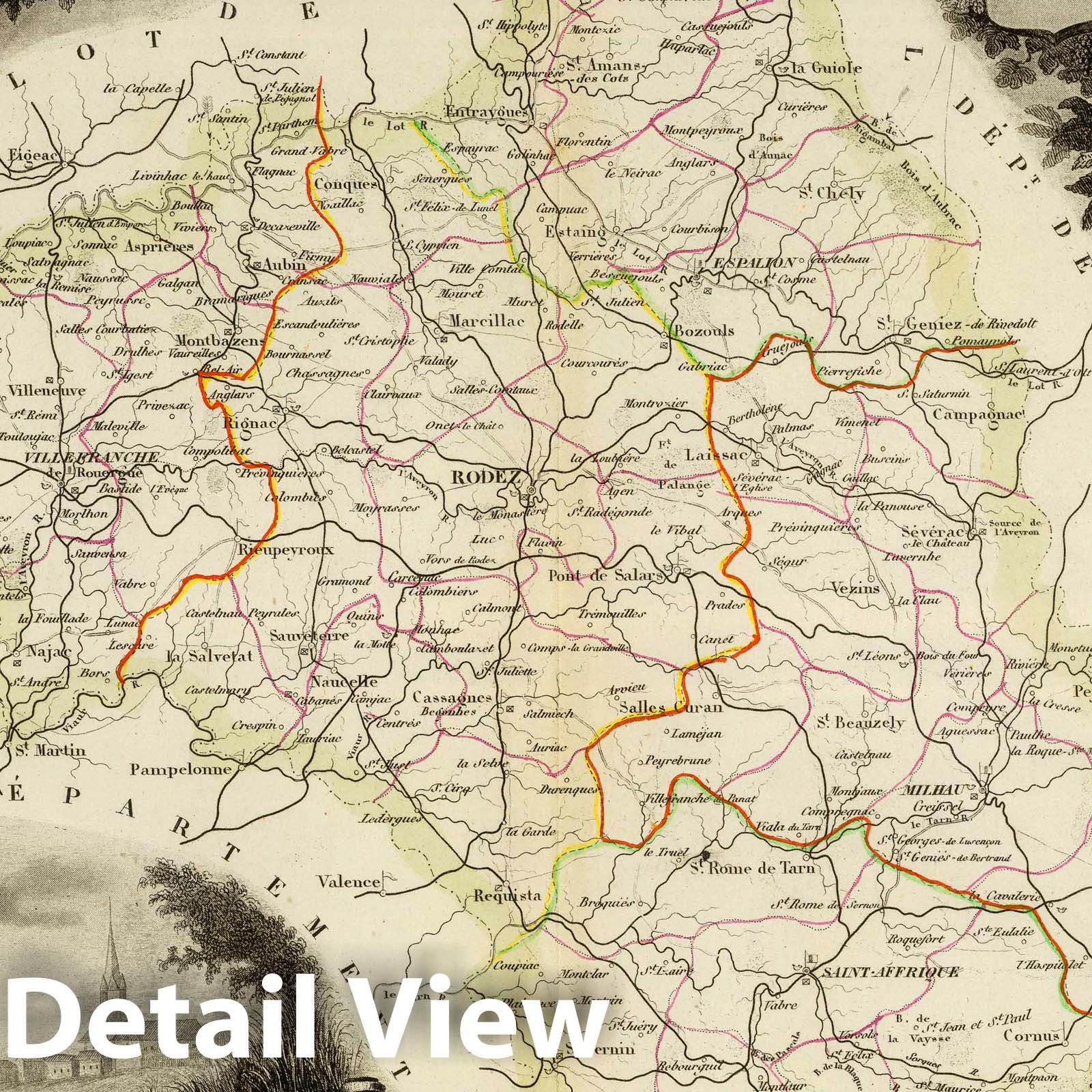 Aveyron, France - Road Map, 1856 - Historical Map Print