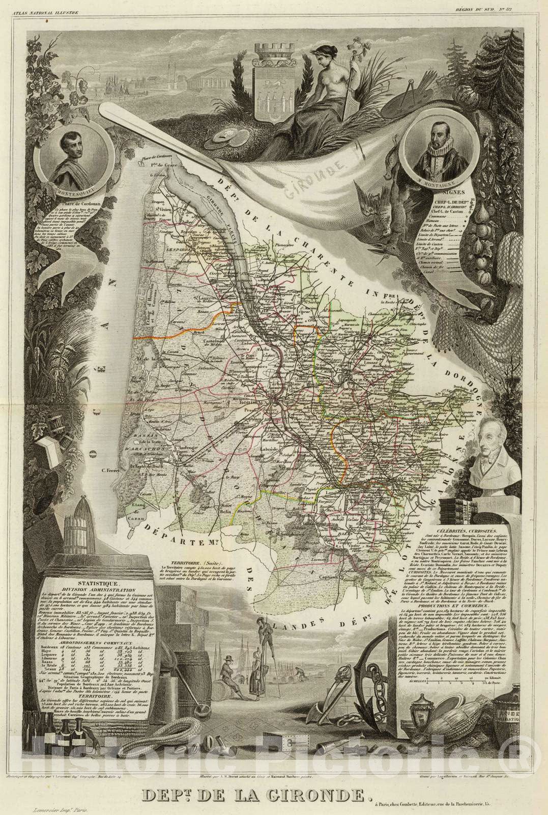 Historic Map : France, 1856 Dept. De La Gironde. , Vintage Wall Art
