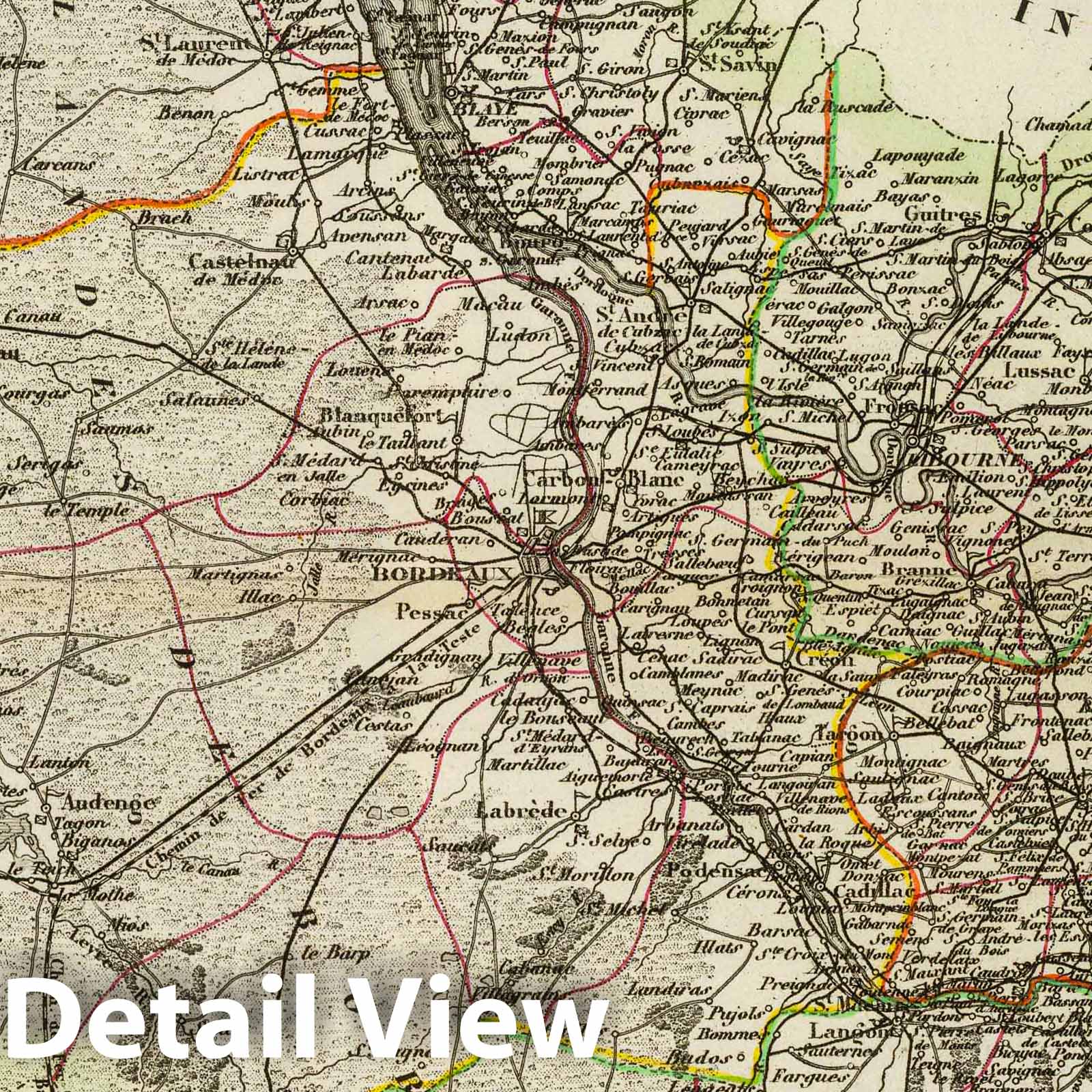 Gironde, France - Railroad Map, 1856 - Historical Map Print