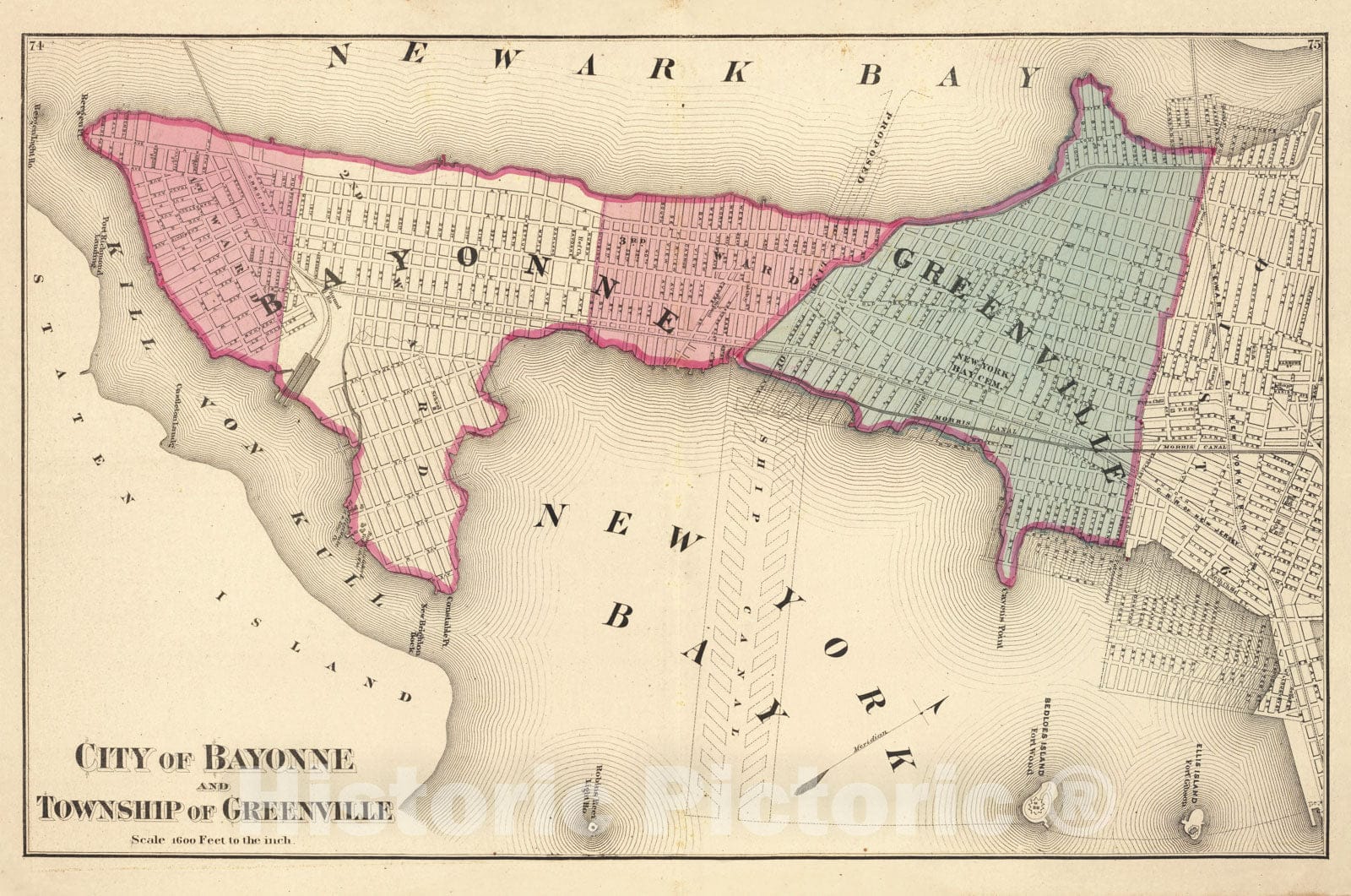 Historic Map : 1872 Bayonne; Greenville Twp. - Vintage Wall Art