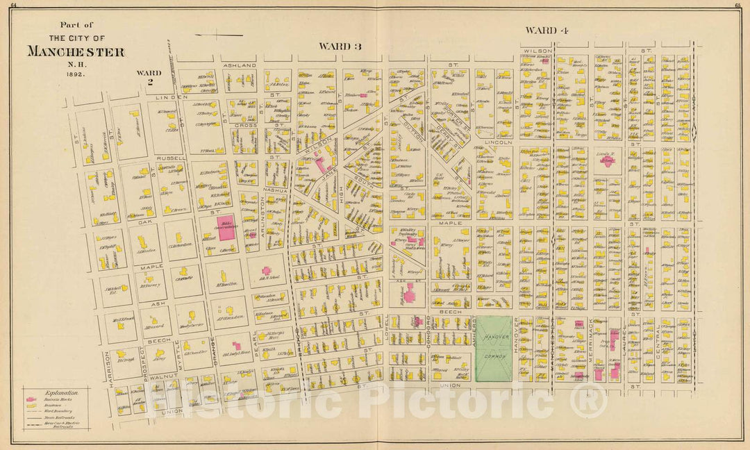 Historic Map : 1892 Manchester, N.H, Ward 3-4. - Vintage Wall Art