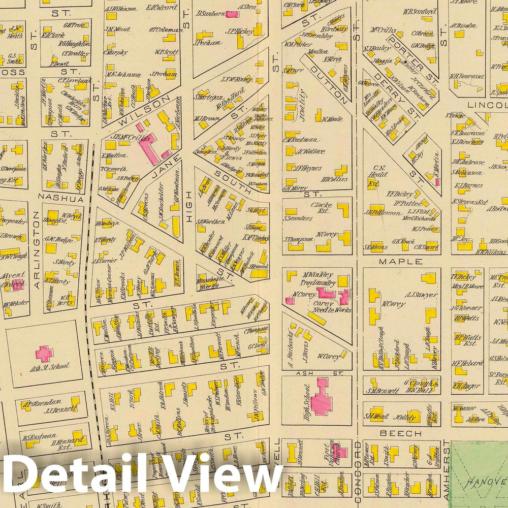 Historic Map : 1892 Manchester, N.H, Ward 3-4. - Vintage Wall Art