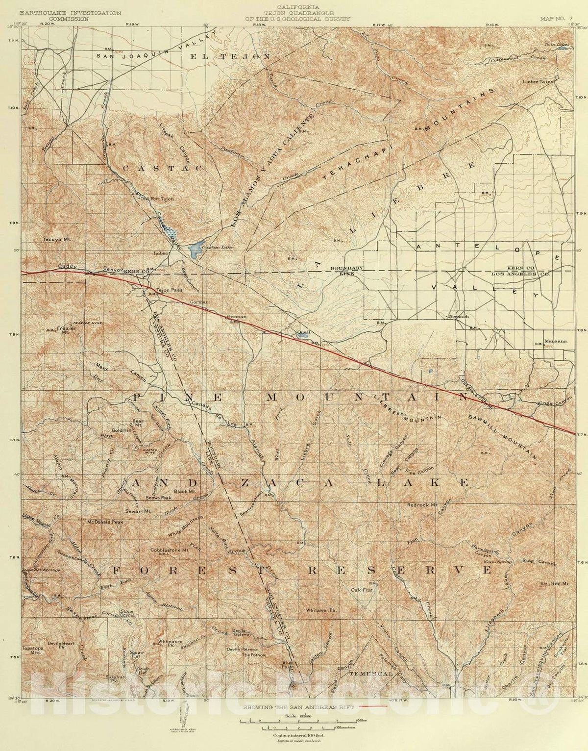 Historic Map : 1908 Tejon Quadrangle Showing San Andreas Rift. - Vintage Wall Art