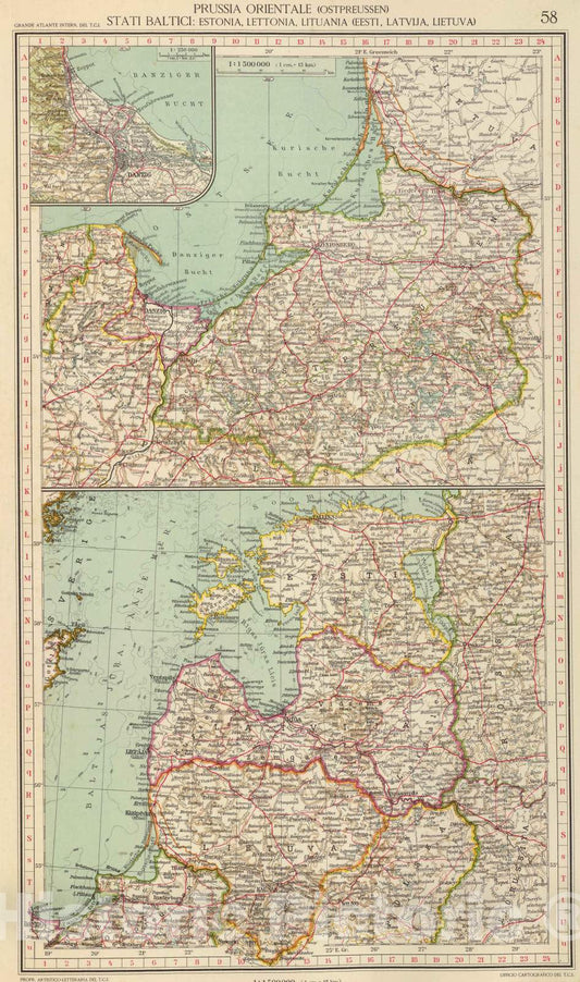 Historic Map : Estonia; Latvia, Baltic States 1929 58. Prussia orientale, Stati Baltici. , Vintage Wall Art