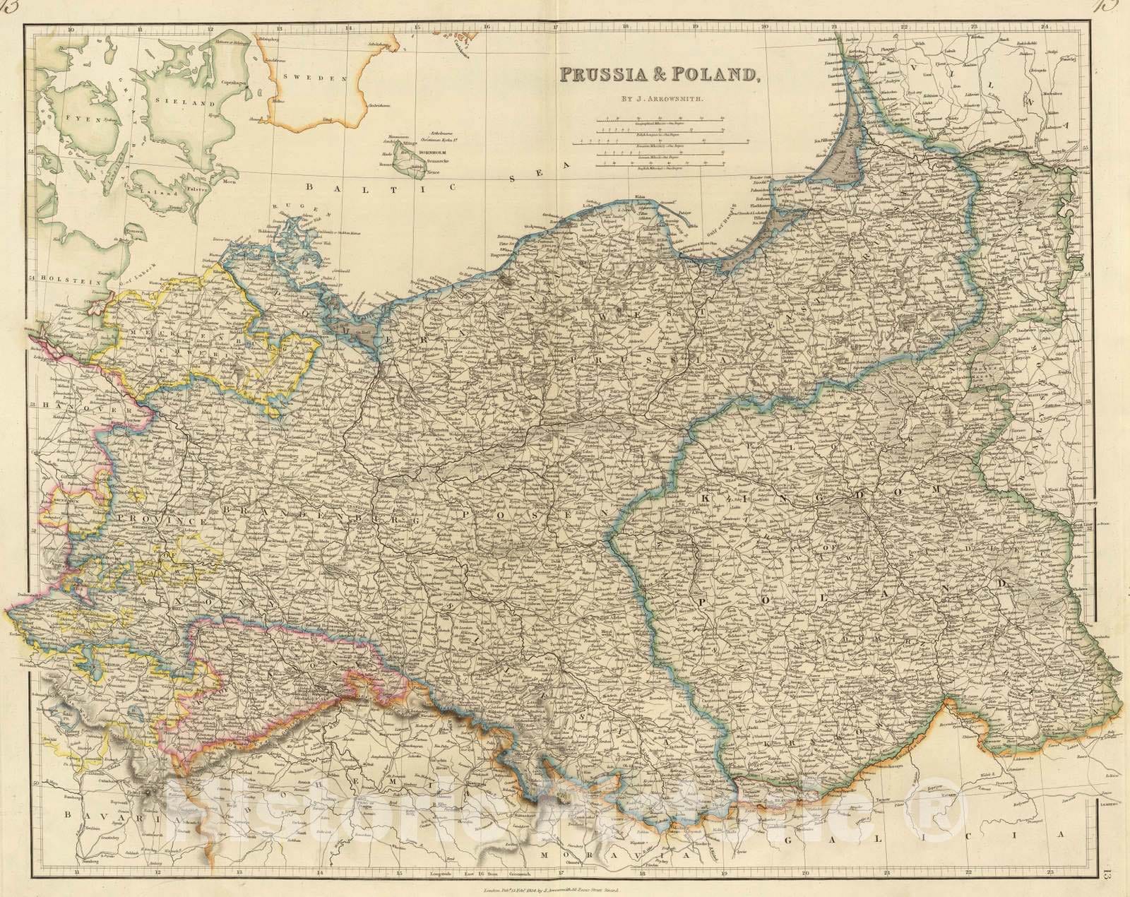 Prussia and Poland - Boundary Map, 1834 - Historical Map Print