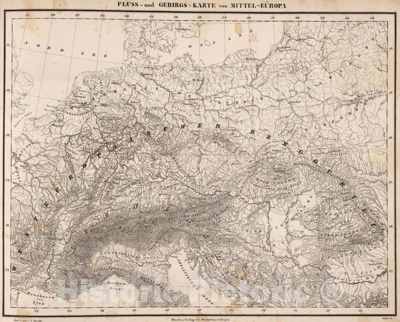 Historic Map : 1855 Fluss- u. Gebirgs-Karte, Mittel-Europa. - Vintage Wall Art