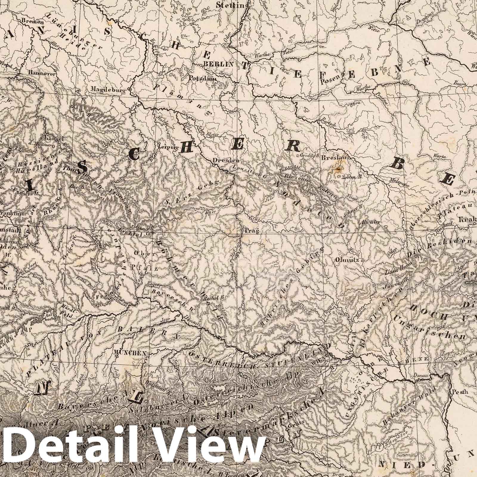 Central Europe - Rivers and Mountains, 1855 - Historical Topographic Map Print