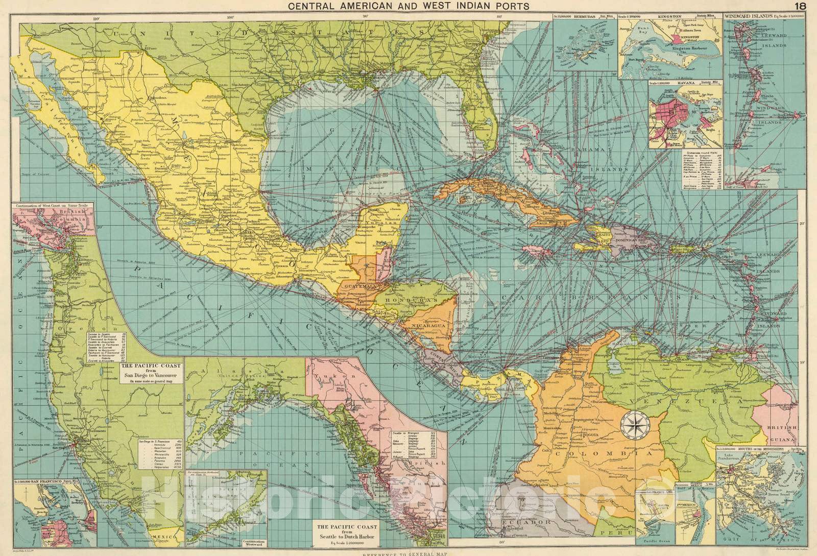 Historic Map : 1922 Cent. Amer, W.I. Ports - Vintage Wall Art
