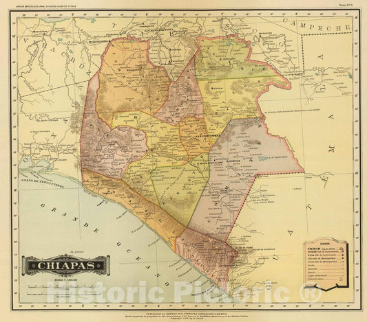 Historic Wall Map : Mexico, 1886 Chiapas. , Vintage Wall Art