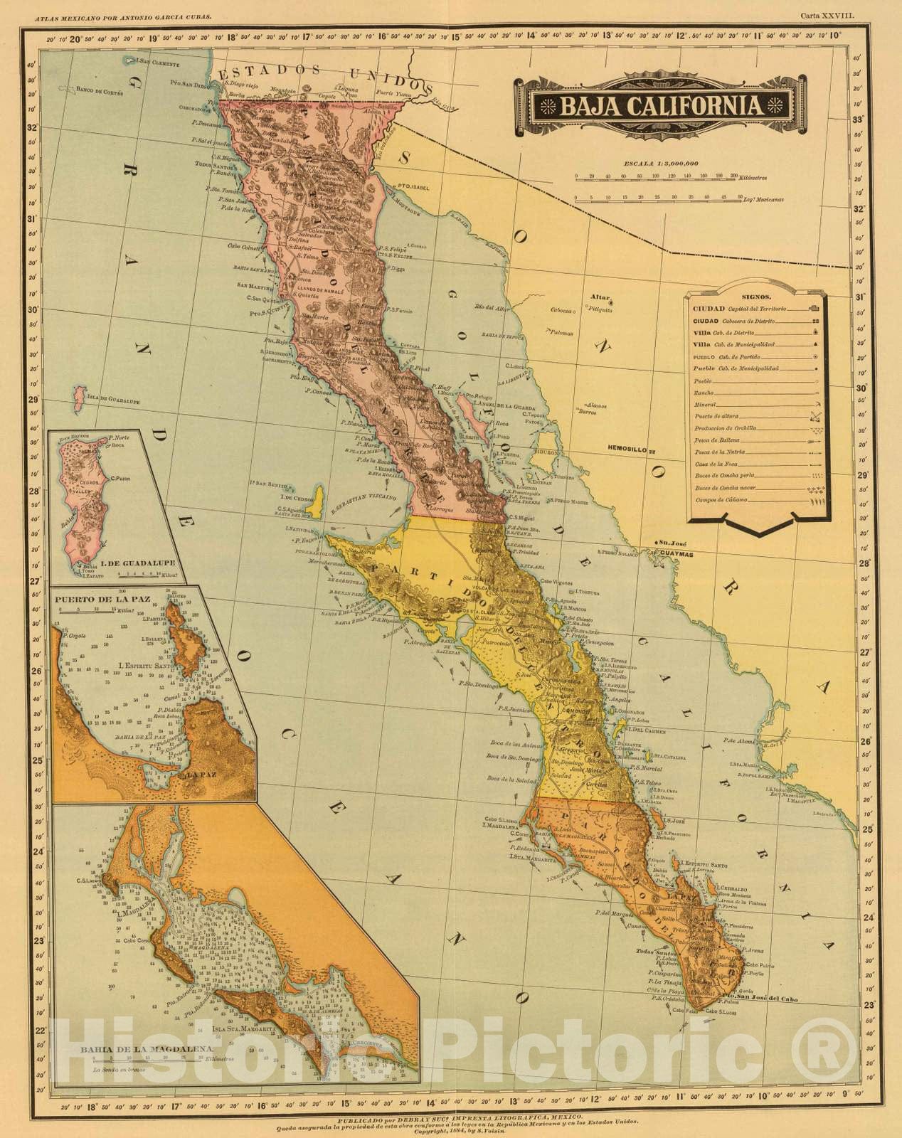 Baja California with Guadalupe Island, La Paz, and Magdalena Bay - 1886 Historical Map Print