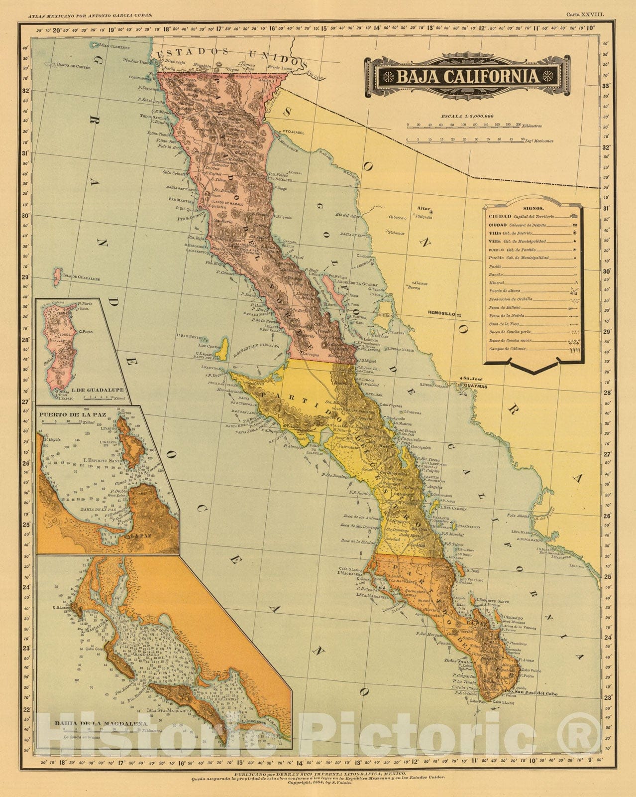 Historic Map : Mexico, Baja California (Mexico) 1886 Baja California, Atlas , Vintage Wall Art