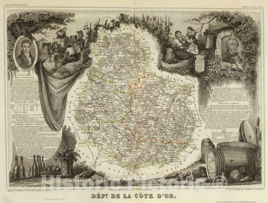Historic Map : France, 1856 Dept. De La Cote D'Or. , Vintage Wall Art
