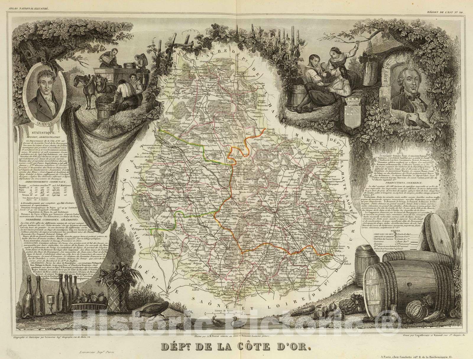 Historic Map : France, 1856 Dept. De La Cote D'Or. , Vintage Wall Art