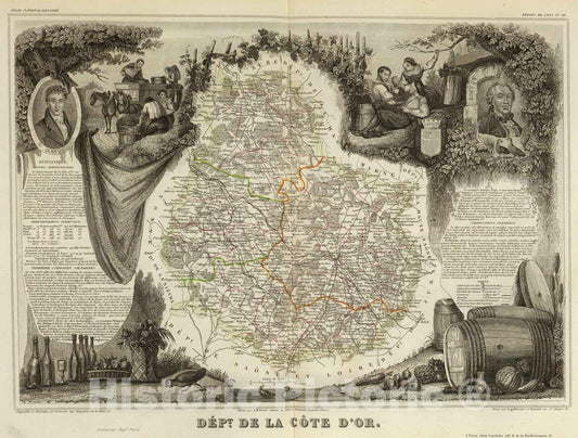 Historic Map : France, 1856 Dept. De La Cote D'Or. , Vintage Wall Art