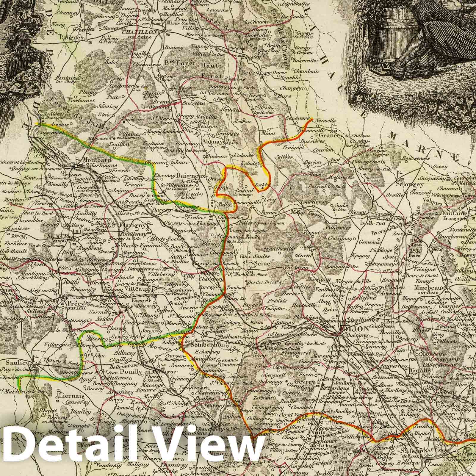 Cote-d'Or, France - Road Map, 1856 - Historical Map Print