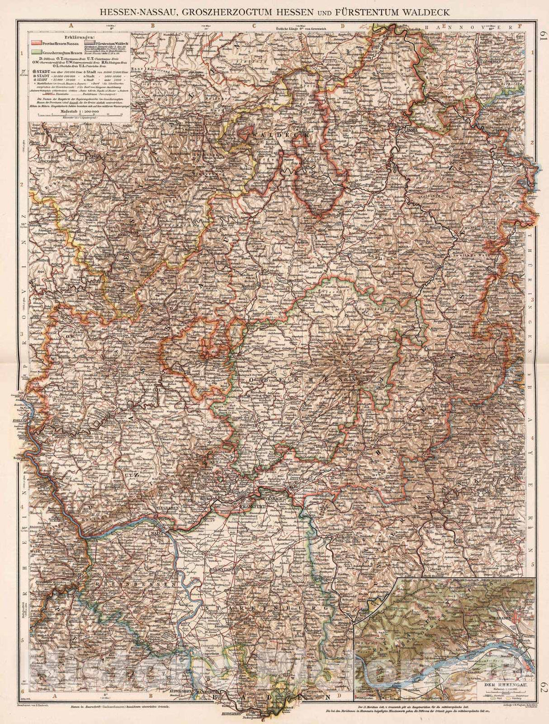 Historic Map : Germany, 1905 Hessen-Nassau, Groszherzogtum Hessen und Furstentum Waldeck , Vintage Wall Art