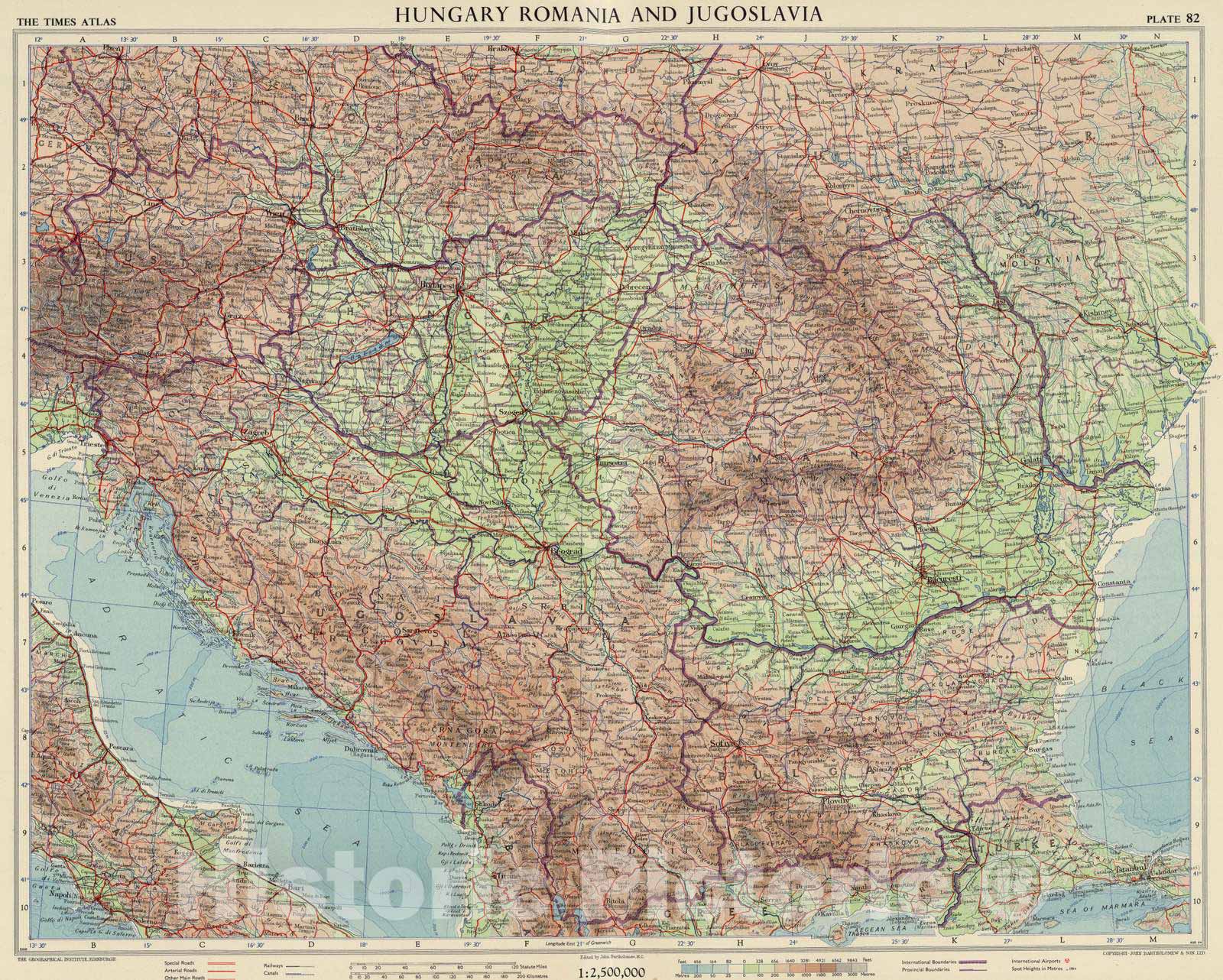 Hungary, Romania, Yugoslavia - 1956 Historical Map Print