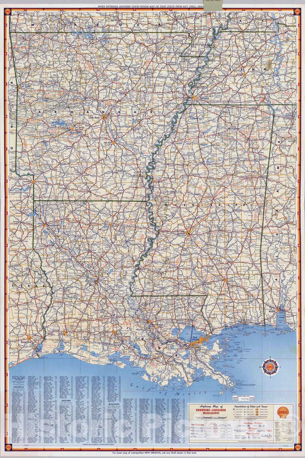Arkansas, Louisiana, and Mississippi - Road Map, 1956 - Shell Highway Historical Map Print