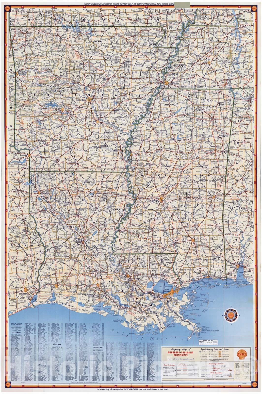 Historic Map - National Atlas - 1956 Shell Highway Map of Arkansas-Louisiana, Mississippi. - Vintage Wall Art