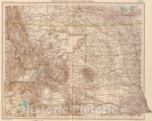 Historic Wall Map : 1929 136-37. Mont, N.D, S.D, Wyo, Neb. - Vintage Wall Art