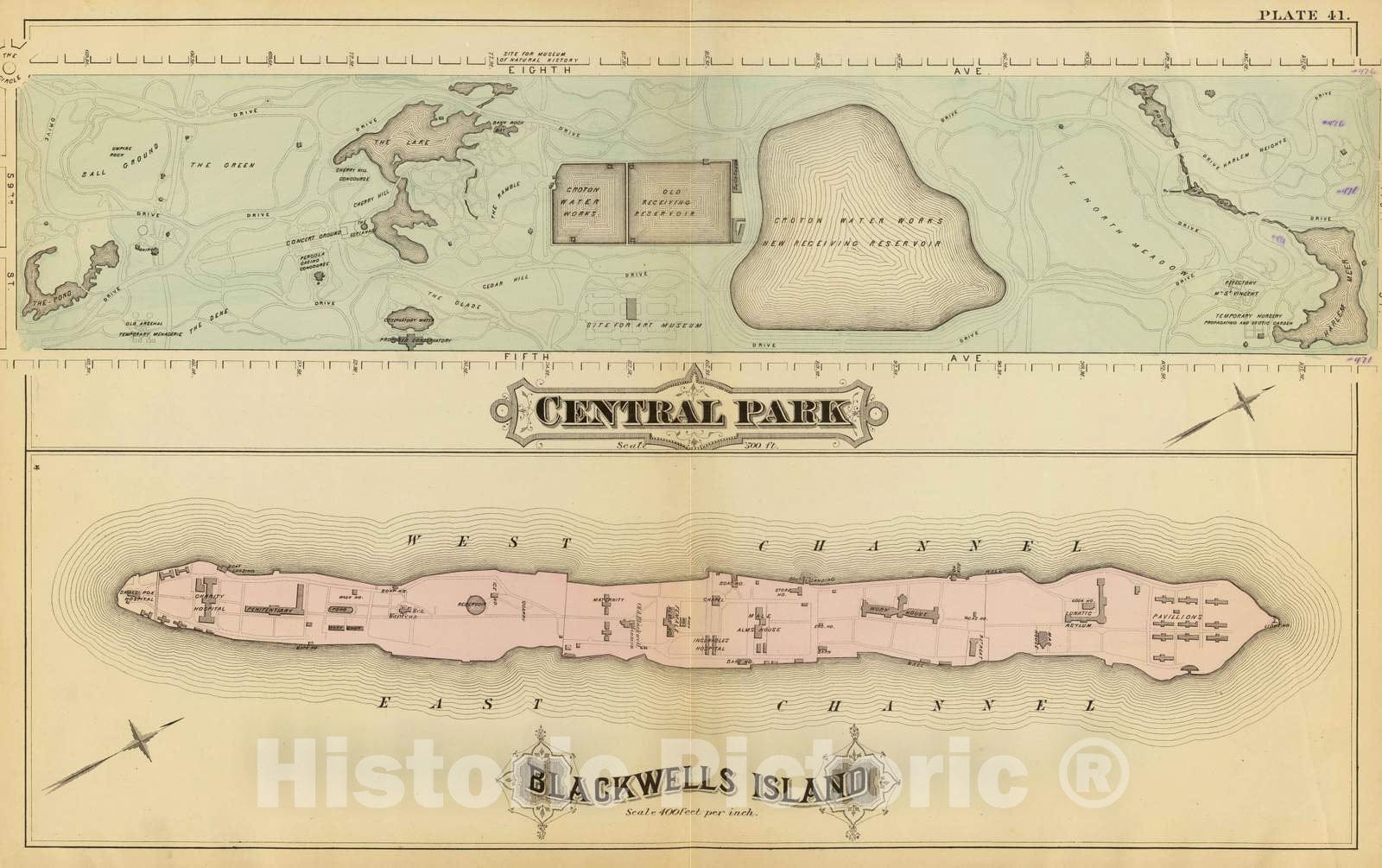 Historic Map : City Atlas - 1879 41. Central Park, Blackwells Island. - Vintage Wall Art