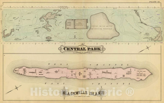 Historic Map : City Atlas - 1879 41. Central Park, Blackwells Island. - Vintage Wall Art
