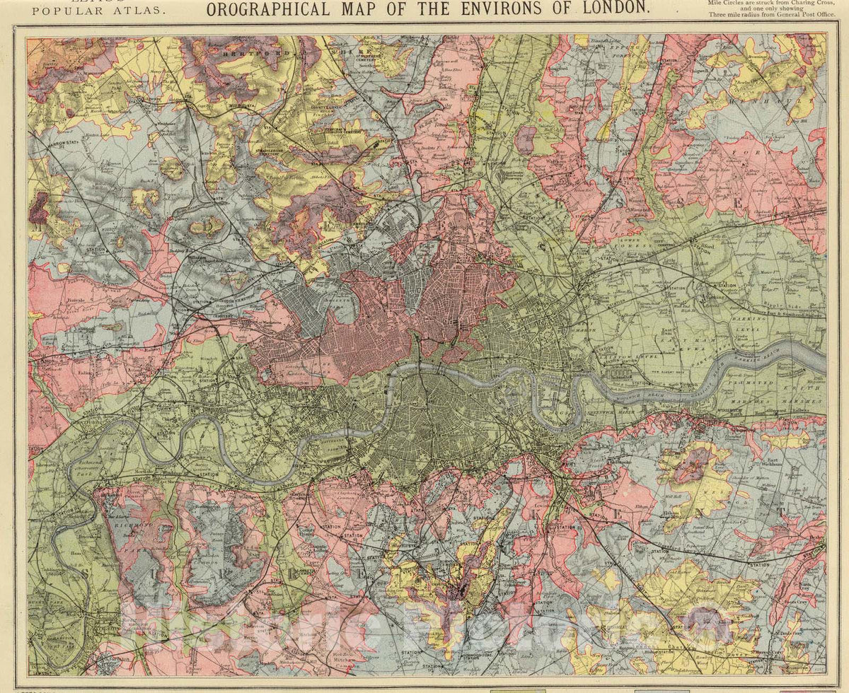 Historic Wall Map : 1883 Orographical map London. - Vintage Wall Art