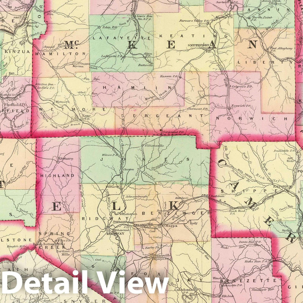 Historic Map : 1872 Warren, McKean, Potter, Forest, Elk, Cameron Counties. - Vintage Wall Art