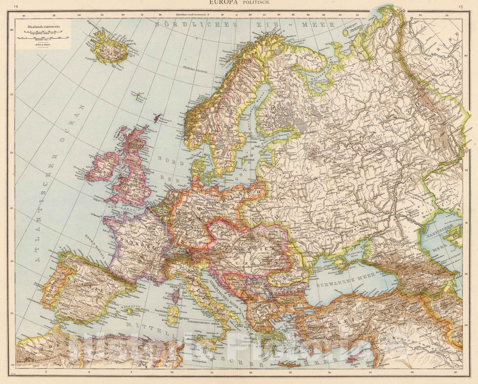 Historic Map : 1881 Europa politisch. - Vintage Wall Art