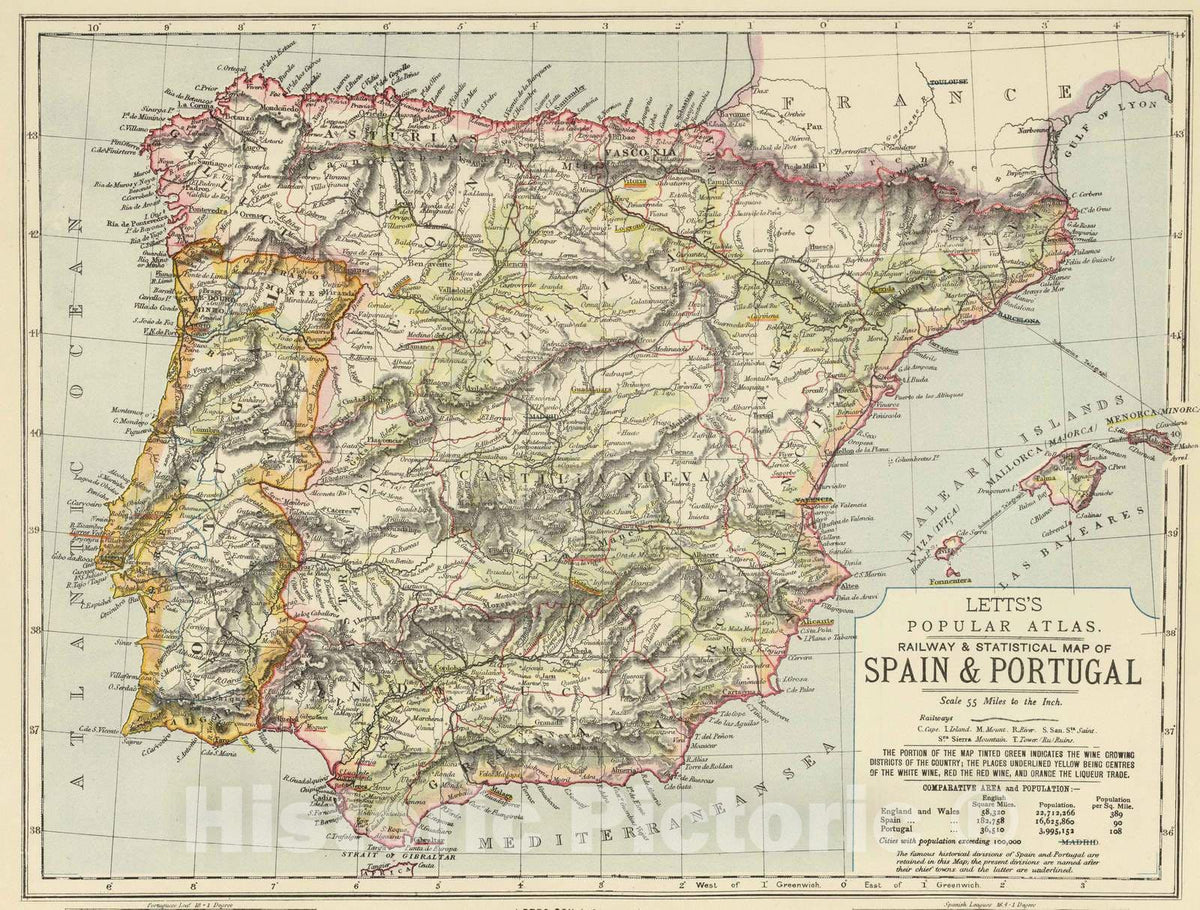 Historic Map : 1883 Spain, Portugal. - Vintage Wall Art