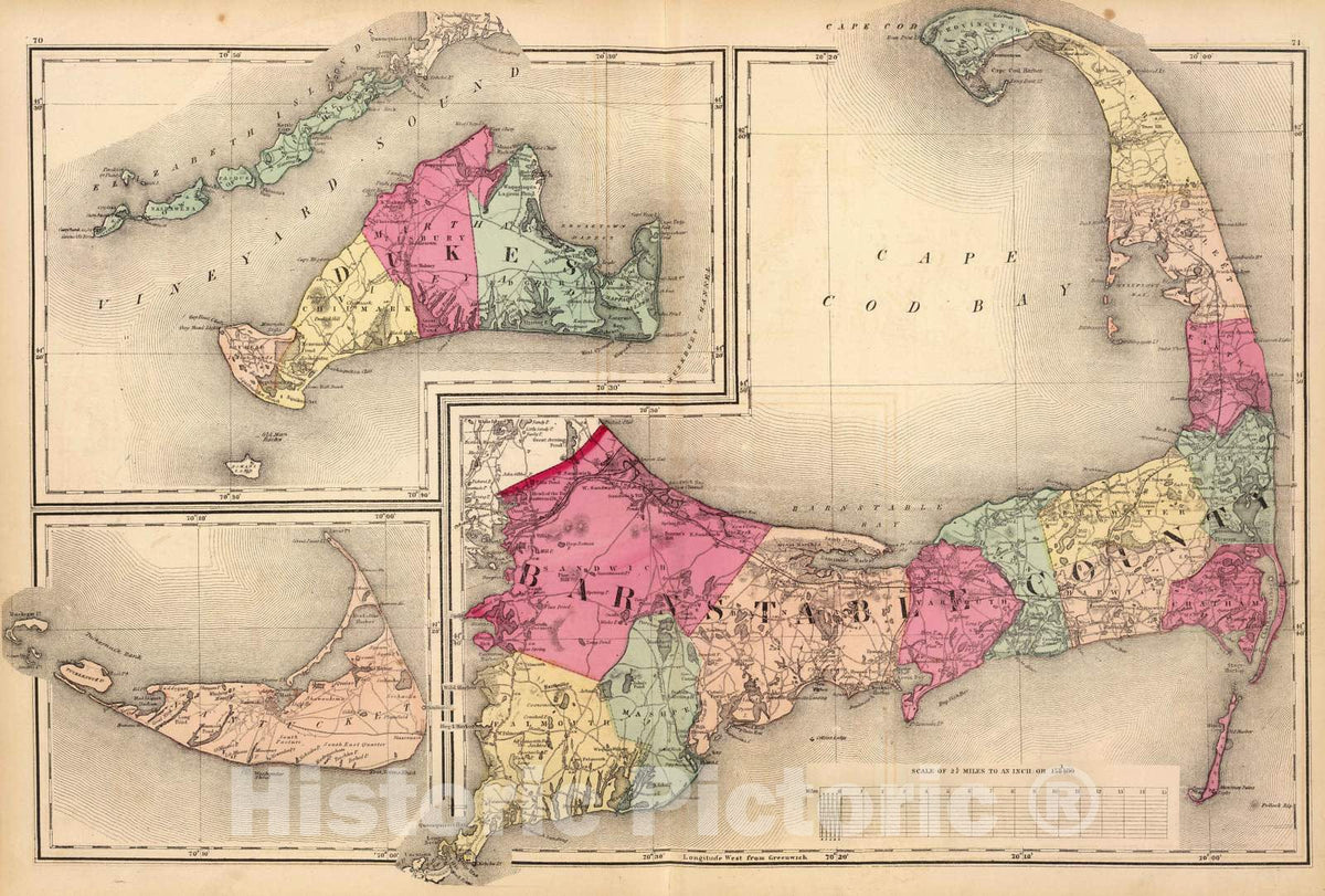 Historic Wall Map : 1871 Barnstable, Dukes, Nantucket Counties. - Vintage Wall Art