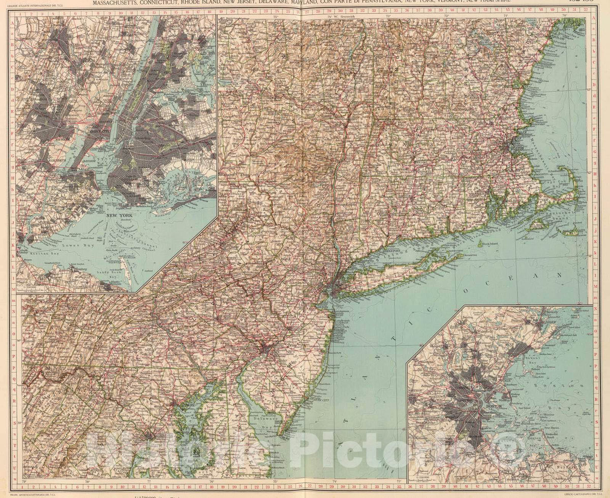 Historic Map : 1929 132-33. Mass, Conn, R.I, N.J, Del, Md. - Vintage Wall Art