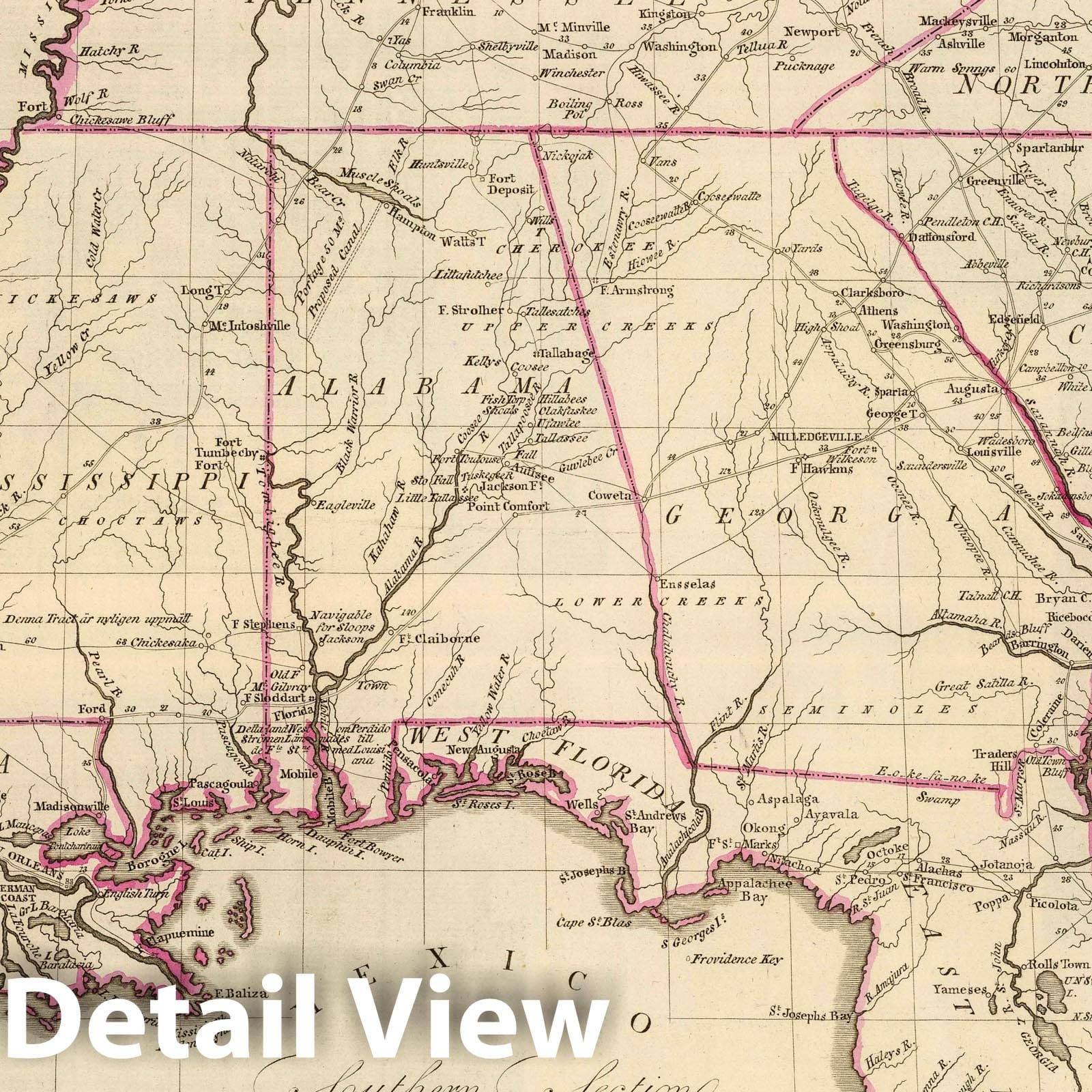 Southern United States and Florida - Road Map, 1816 - Historical Map Print