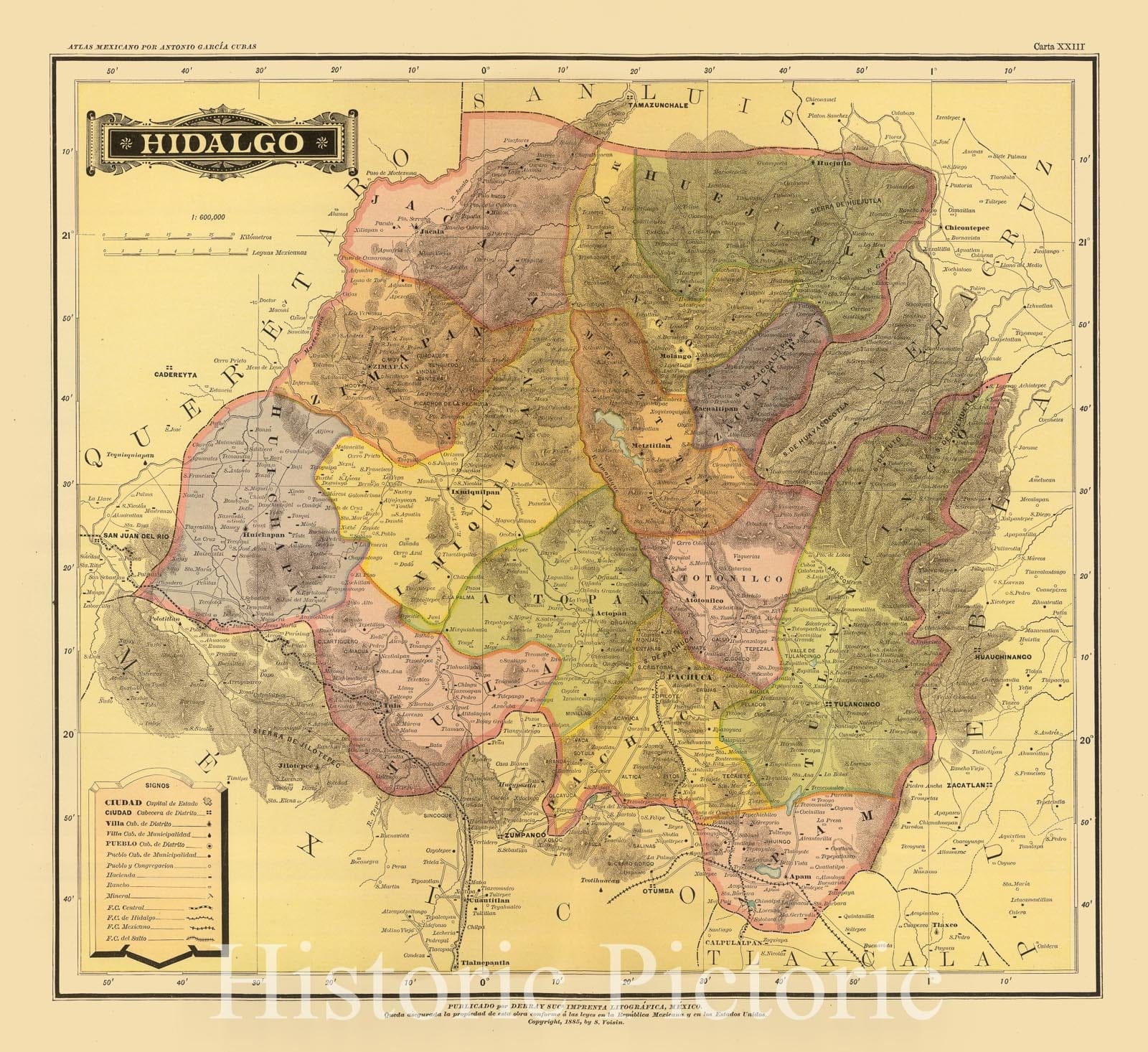 Historic Map : Mexico, Hidalgo (Mexico : State) 1886 Hidalgo. , Vintage Wall Art
