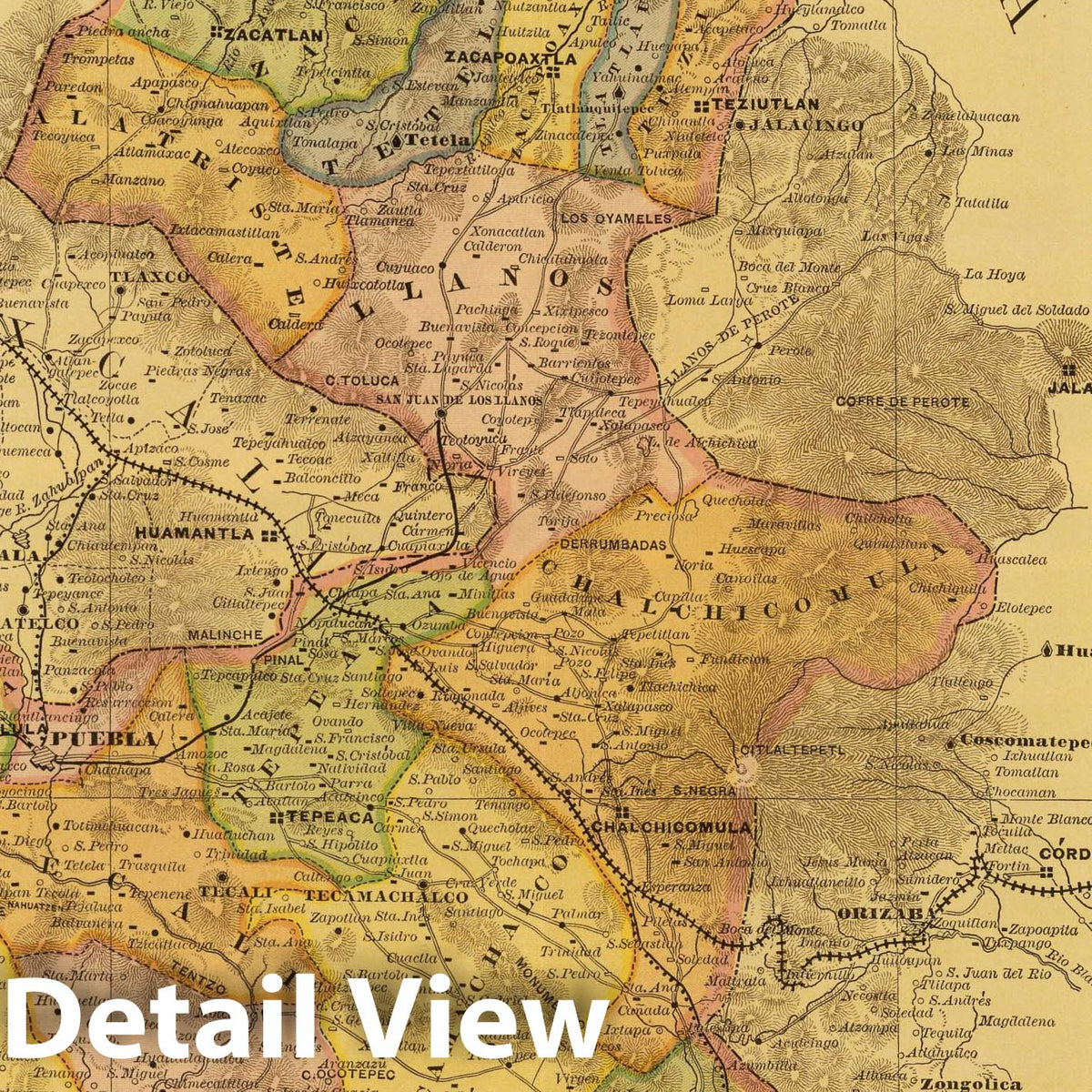 Puebla - Railroad Map, 1886 - Historical Map Print