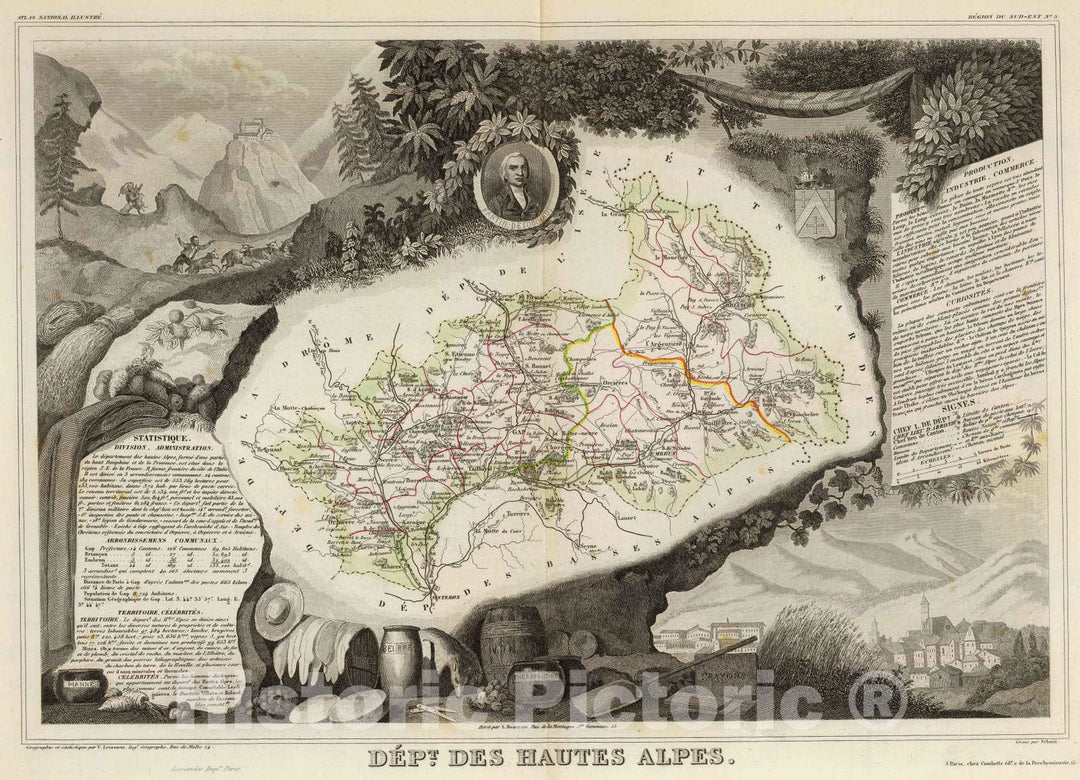 Historic Map : France, 1856 Dept. De Hautes Alpes. , Vintage Wall Art