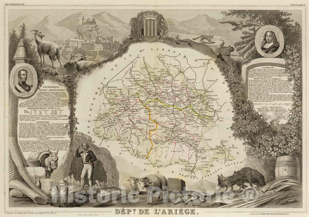 Historic Map : France, 1856 Dept. De L'Ariege. , Vintage Wall Art