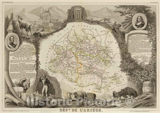 Historic Map : France, 1856 Dept. De L'Ariege. , Vintage Wall Art