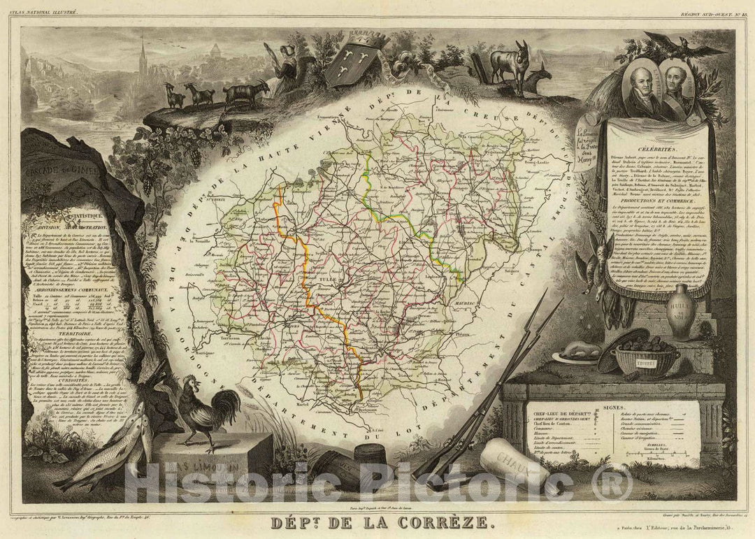 Historic Map : France, 1856 Dept. De La Correze. , Vintage Wall Art